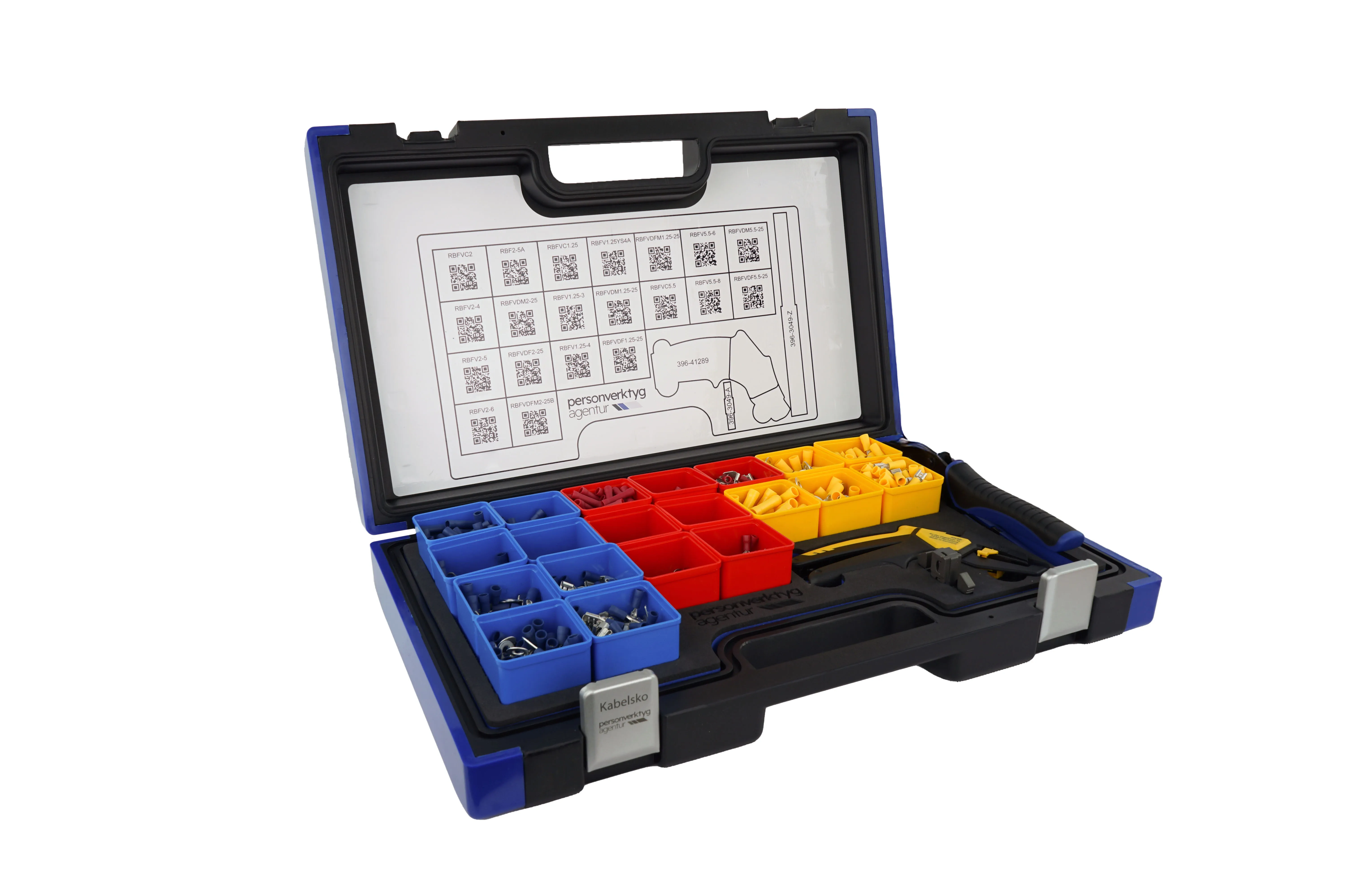 Sortimentslåda kabelskor 2000-del, krymptång, kabelskalare