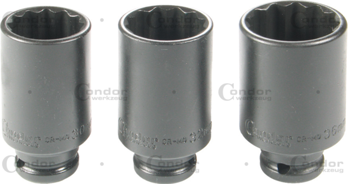 Drivaxel Hylsa Set, 3 delar., 1/2", CrMo, 12-kant 30-36 mm