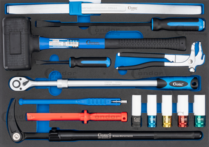 Hjul-Däckverktyg Set i Foam 3/3, med spärrhandtag Nr. 1208/4, 14 delar.