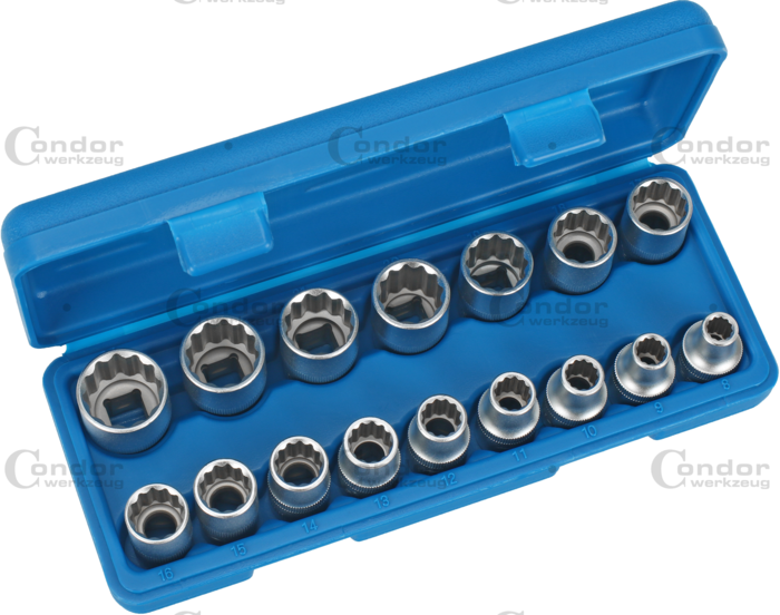 Hylsa Set, 16 delar., 1/2", 12-kant 8-24 mm