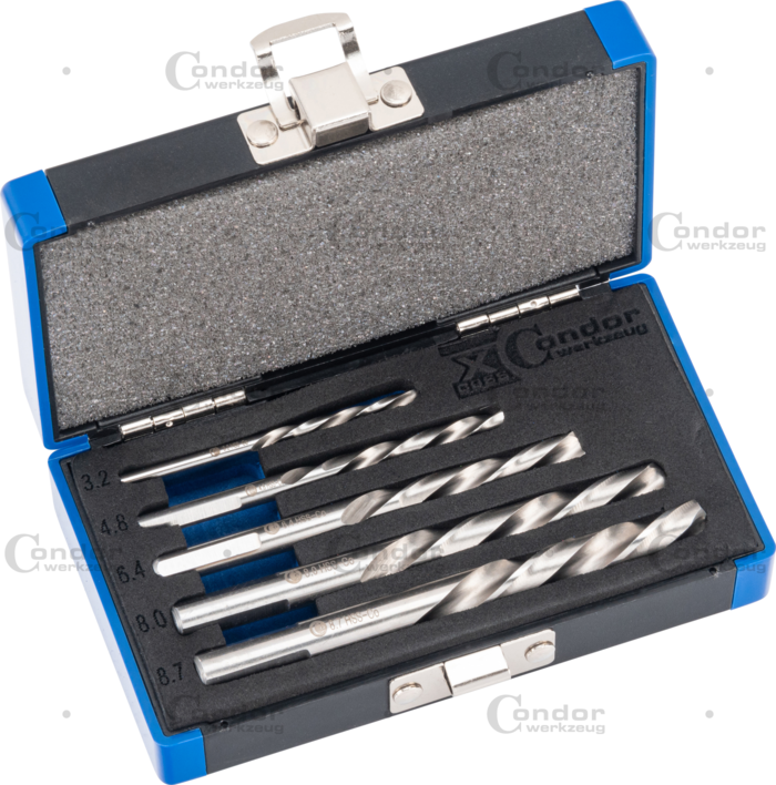 Spiralborr Set, vänsterborr, HSS-E Cobalt 5%, 5 delar., 3.2-8.7 mm
