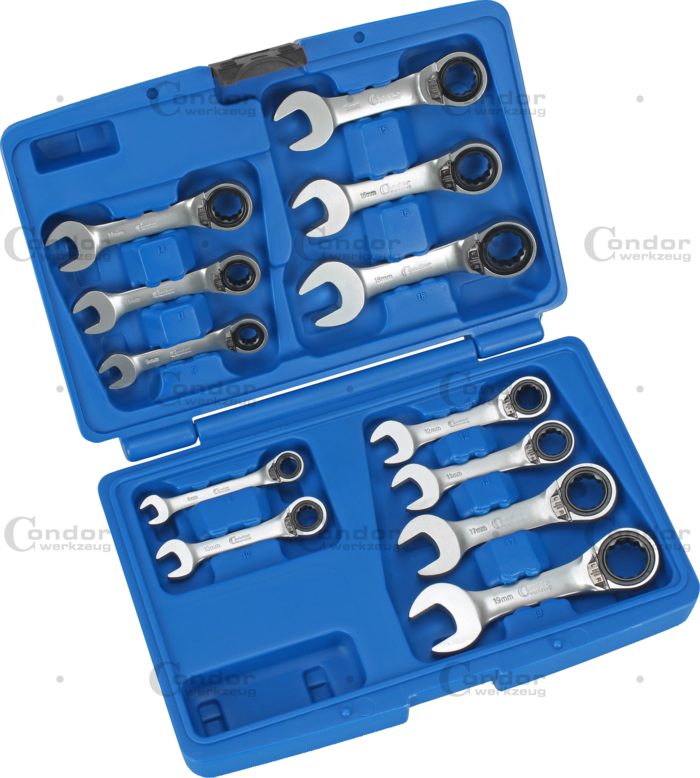 Reversibel U-Ring Spärrnyckel Set, 12 delar., stubby, 8-19 mm