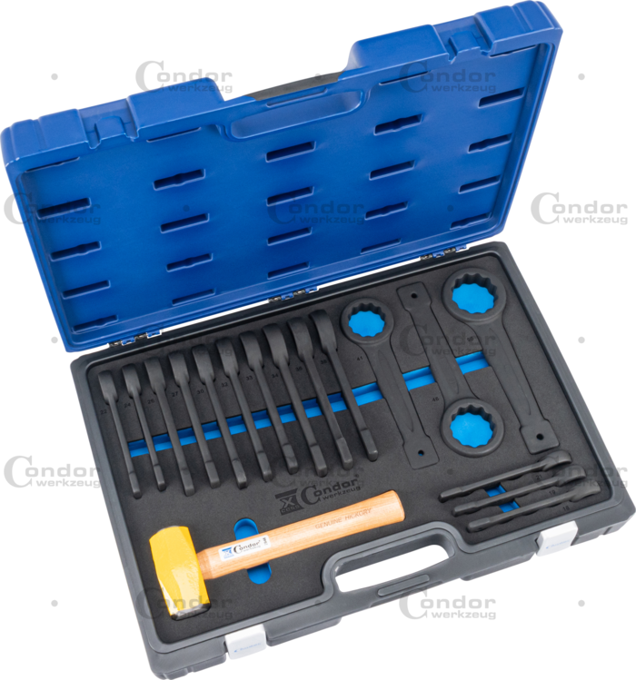 Slagringnyckel Set, inkl Slägghammare, 17-delar., 18-50 mm