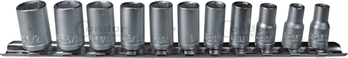 Hylsa Set, 11 delar., 1/4", 6-kant tum 3/16-1/2"