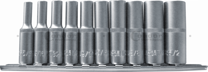 Hylsa Set, 10 delar., 1/4", djup, 6-kant tum 5/32-1/2"