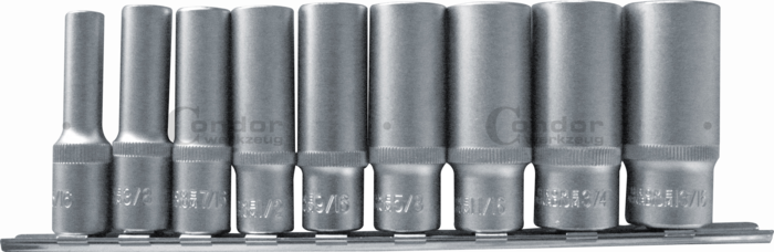 Hylsa Set, 9 delar., 3/8", djup, 6-kant tum 5/16-13/16"
