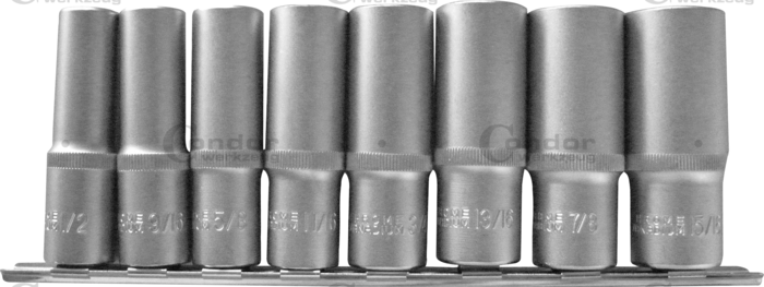 Hylsa Set, 8 delar., 1/2", djup, 6-kant tum 1/2-15/16"