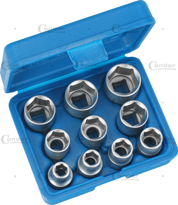 Hylsa Set, 10 delar., 1/2", 6-kant tum 3/8-15/16"