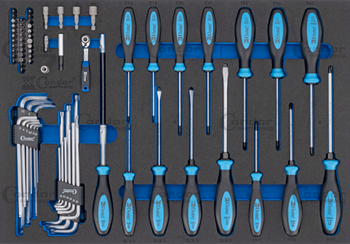 Skruvmejsel och Vinkelnyckel Set i Foam 3/3, 74 delar.